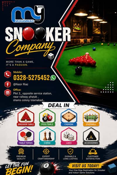 Snooker Table / Foosbal /Pool table /Carrom /table tennis /Snooker