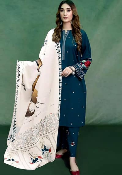 Blue Dhanak Embroidered 3-PIECE