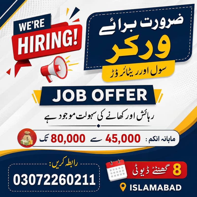 ورکر / سول اور ریٹائرڈ اسٹاف کے لیے جاب آفر 0