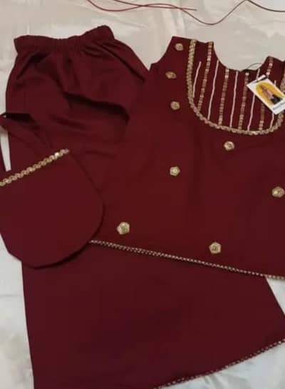 maroon 3-piece kids frock  set with purse -   3-5 years