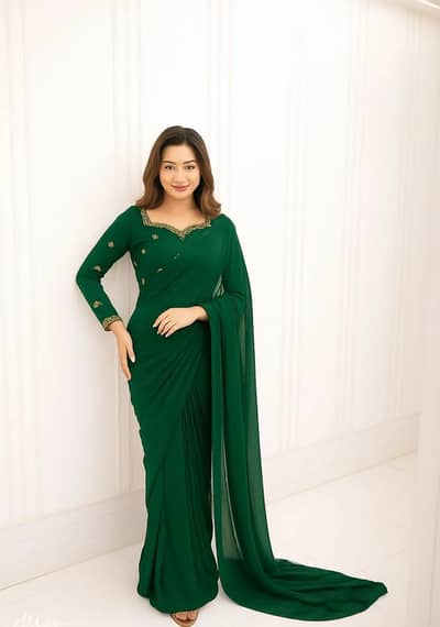 Elegant Bottle Green Chiffon Saree - Party Wear - Brand New