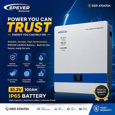 Lithium Battery –EPEVER LiFePO4 51.2V 100Ah, IP65 Waterproof/Dustproof
