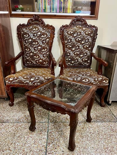 Pure Chinioti wood bed chairs with coffee tables
