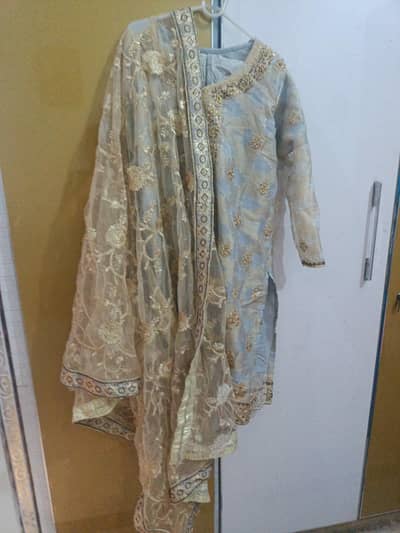 Powerder blue and gold embroidered suit with net dupatta