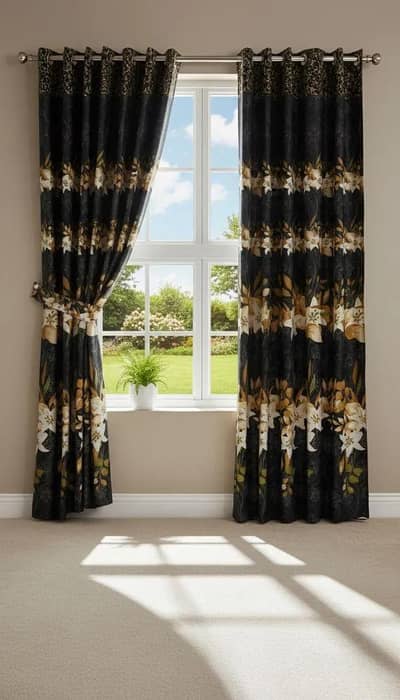 Black Floral Curtains with Gold & White Print for Home