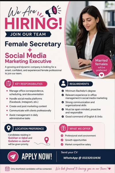 Urgent Female secretary required at Gulshan e Iqbal Block 10A