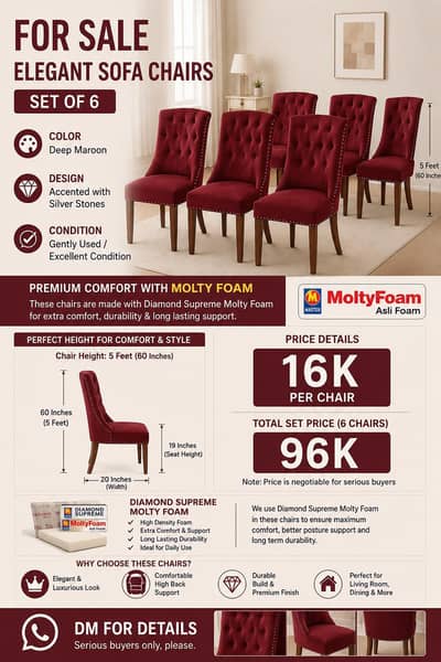 Elegant Maroon Sofa Chairs Set – Molty Foam | Set of 6