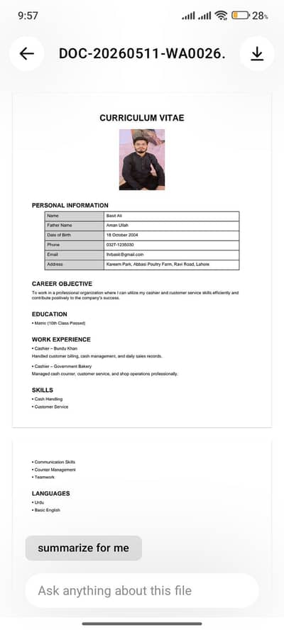 I need a job 1 year cashier experience bundu khan and Germany bakerys