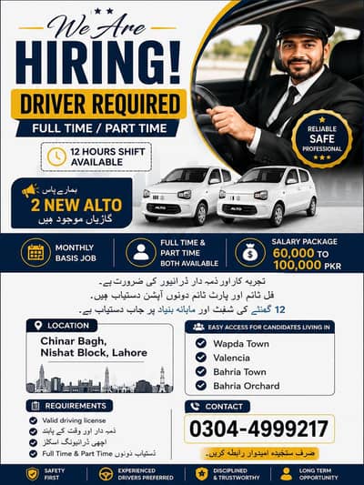 We are hiring | Driver required full time/part time | jobs in lahore