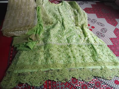 one time used network fancy frock with embroidery dupata