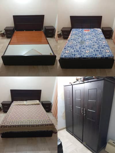Double bed with Mattress, Wardrobe and side tables