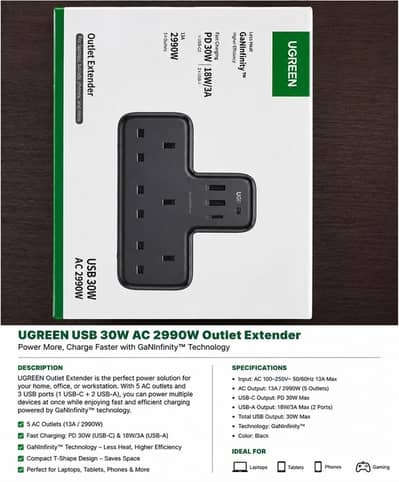 UGREEN 30W USB-C Power Strip Outlet Extender Brand New Sealed Pack
