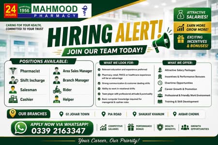 We’re Hiring – Mahmood Pharmacy – Male & Female Jobs