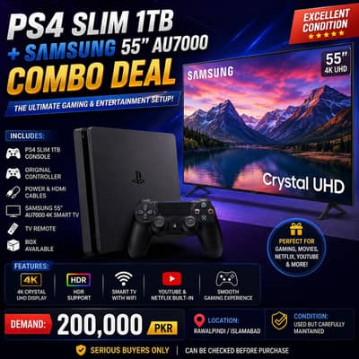 PS4 Slim 1TB + Samsung 55” AU7000 Smart TV Combo Deal
