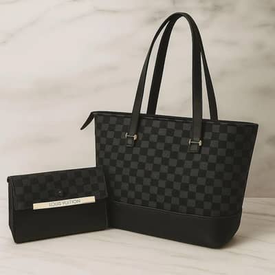 Black Checkered Leather Handbag Set for Girls.