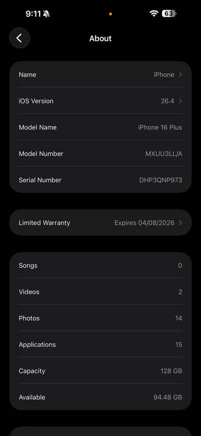 Iphone 16 plus Non PTA 128GB