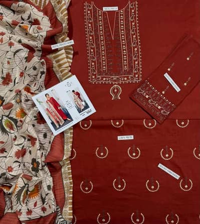 Unstitched 3-piece  Embroidered lawn shirt  Mustard  Pakistani