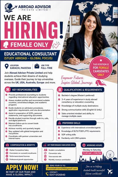 Hiring Educational Consultant Female