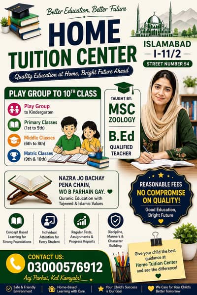 Home Tuition Available in I-11/2 Islamabad | Play Group to 10th