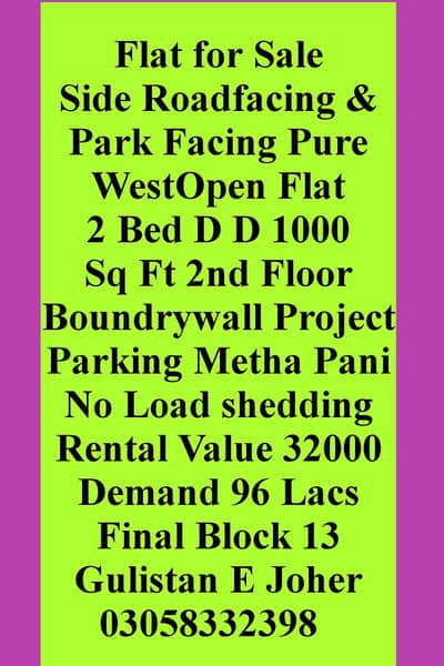 Roadfacing flat for sale 2 bed D D fraaz view Blk 13 Joher 03101188962