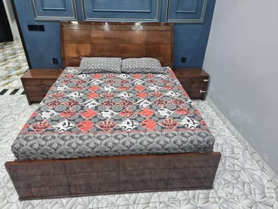 king size wooden bed with side tables & mattress