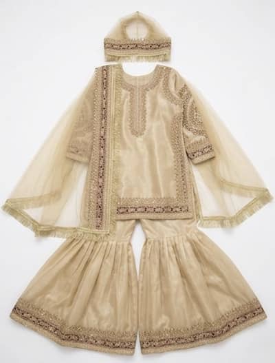 Elegant Golden Organza Gharara Set with Net Dupatta