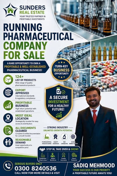 Step Into the Pharmaceutical Sector Fully Operational Company | 124 Products | Export Approved | Rs. 2.5B
