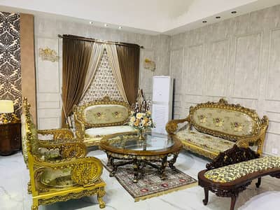 King Sofa / 7 Seater / Pure Sheesham / Antique Golden