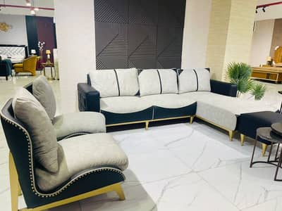L-Shaped Sofa / 7 Seater / Leather & Texture / With Stool