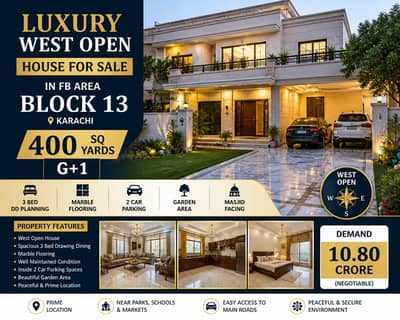 Luxury West Open House for Sale in FB Area Block 13 Karachi 400 Sq Yards G+1