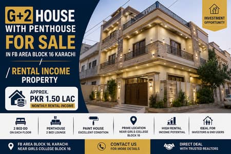 G+2 House with Penthouse for Sale in FB Area Block 16 Karachi / Rental Income Property