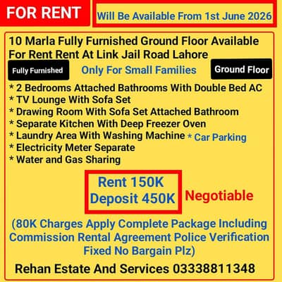 10Marla Fully Furnished Ground Floor Portion For Rent @ Jail Road