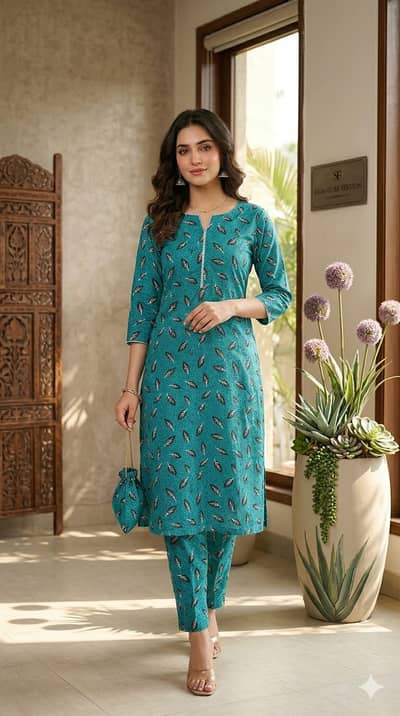 women unstitched suit turquoise leaf printed polo cotton