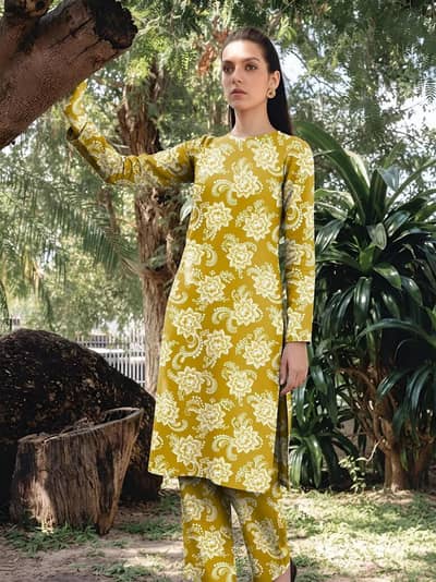 Yellow Printed Dobby Lawn 3PCS Kurta Set