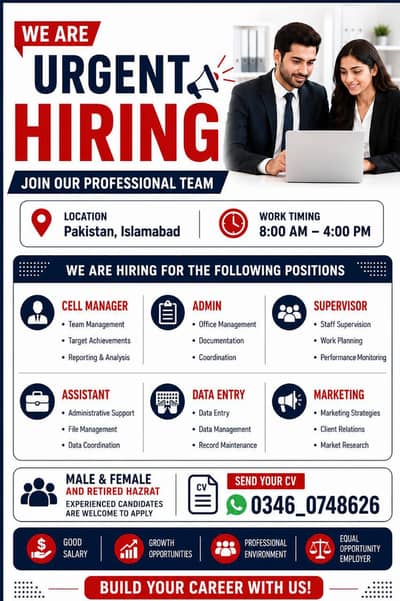 urgent staff required for office work in Islamabad