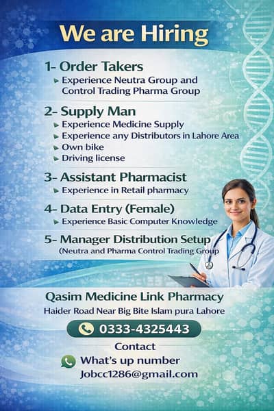 Order Takers , Manager For Distribution, Pharmacist , Data Entry (Jobs