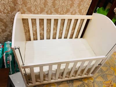 White Wooden Baby Cot with Storage Drawer + Mattress
