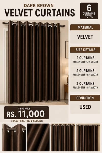 Dark Brown Velvet Curtains – 6 Curtains Set – Excellent Condition