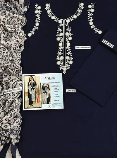 Blue Embroidered Lawn 3Pcs Women Suit Set
