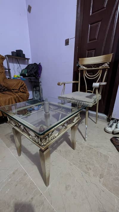 Antique Style Glass Top Iron Centre Table + 2 Chairs Set