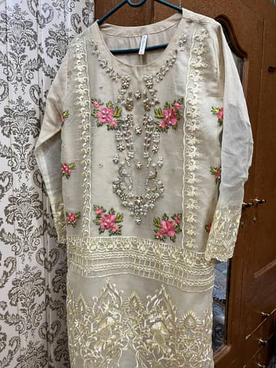 Beautiful Beige Organza 3-Piece Suit with Heavy Embroidery