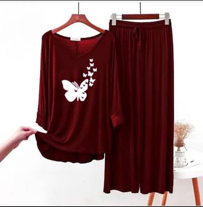 Women's Elegant Maroon Cotton Jersey Night Suit - Free Delivery