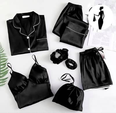 Luxury 5-Piece Black Silk Camisole & Nightwear Set - Free Delivery