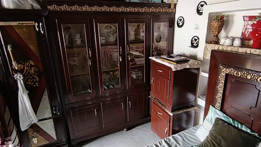 Full size bed with showcase, side tables, dressing table, iron stand
