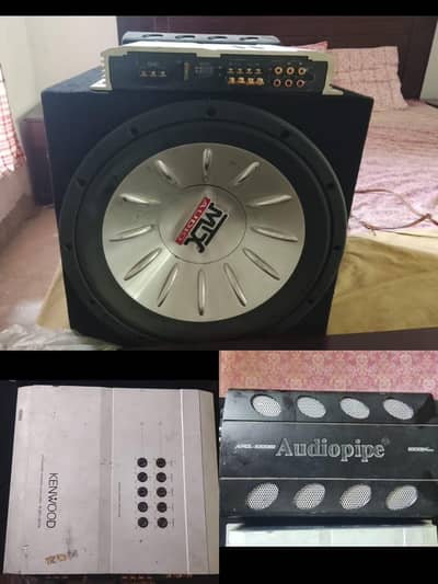 Kenwood amplifier, Audio Pipe amplifier, MTX Woofer Bass Tube & Box