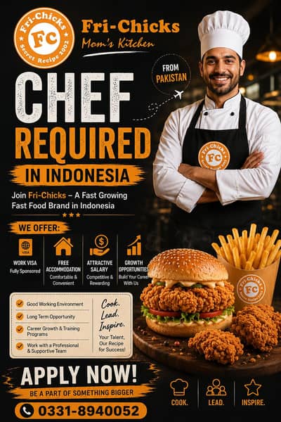FAST FOOD CHEF REQUIRED AT FRI-CHICKS INDONESIA