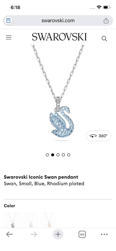 Swarovski Iconic Swan pendant Swan, Small, Blue, Rhodium plated