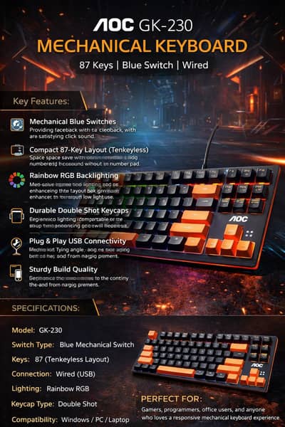 AOC GK-230 Mechanical Keyboard 87 Keys Blue Switch Wired