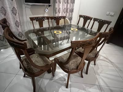 8 Seater Solid Wood Dining Table Set – Glass Top