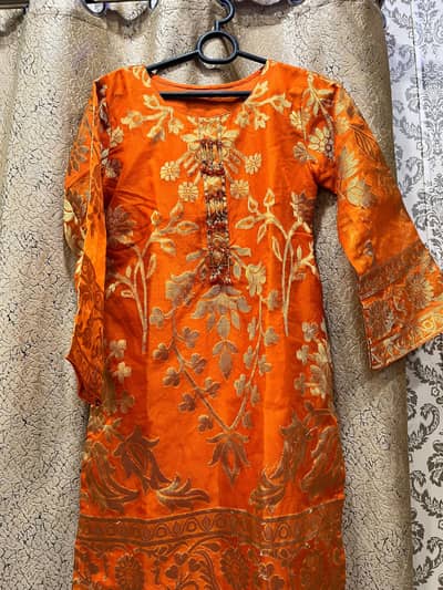 Vibrant Orange Mysorie (Masuri) 2-Piece Embroidered Suit